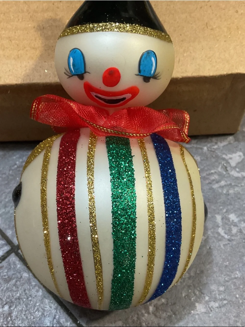 Pier 1 Cream Clown Ornament with Red, Blue, Green & Gold Accents
